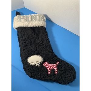 Victoria’s Secret Pink Sherpa Holiday Black White Christmas Dog Stocking Sparkly